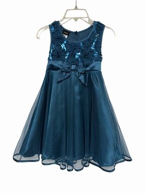 Holiday Editions Girls 6/6X Teal Sequin Floral Party Dress Bow Tulle Holiday